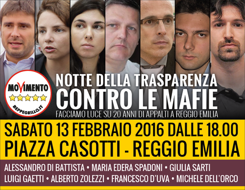 No Mafie: sabato 13 a Reggio Emilia la Notte della Trasparenza