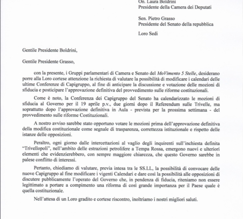 Lettera a Grasso e Boldrini: rinviare voto riforme!